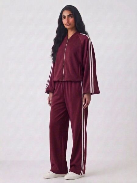 Zip Up T-shirt Lounge Co-ord Set with Wide-Leg Trousers