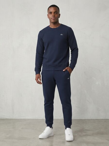 Navy Fleece Basic Printed Crew Neck Tracksuit