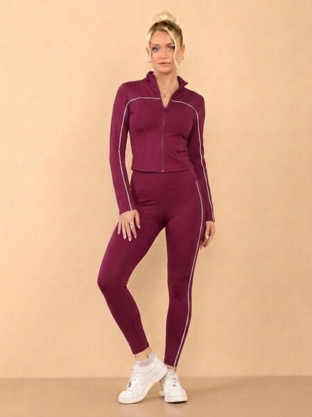 Wine Striped Long Sleeve Active Top And Legging Energy Gym Set