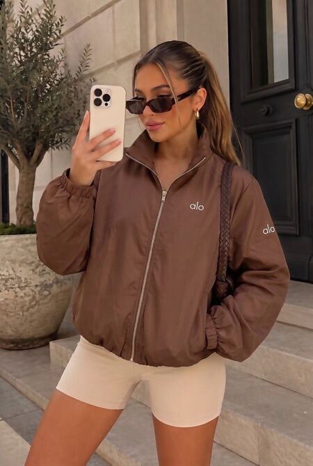 Chocolate Balloon Sleeve Printed Lined Zip Windbreaker Jacket