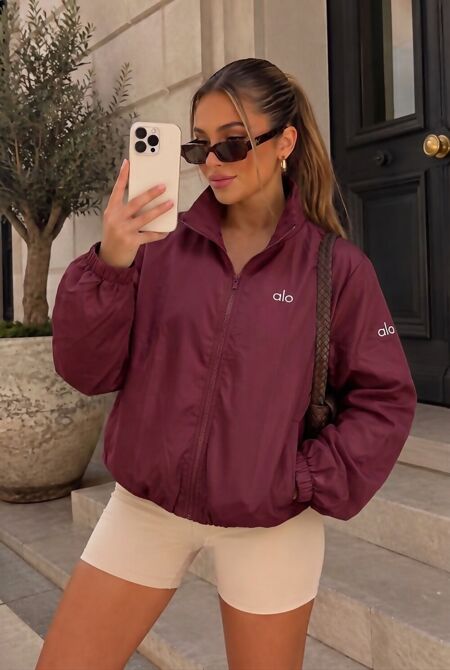 Wine Balloon Sleeve Printed Lined Zip Windbreaker Jacket