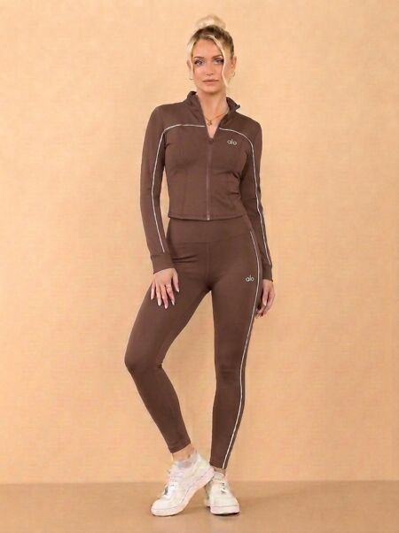 Taupe Striped Long Sleeve Active Top And Legging Energy Gym Set