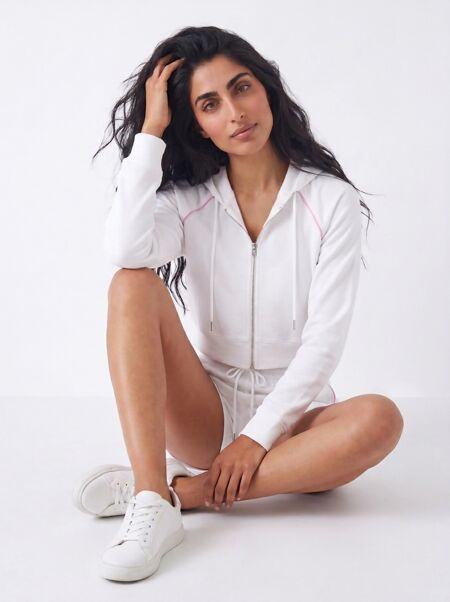 White Contrast Piping Zip Up Hoodie With Short Set