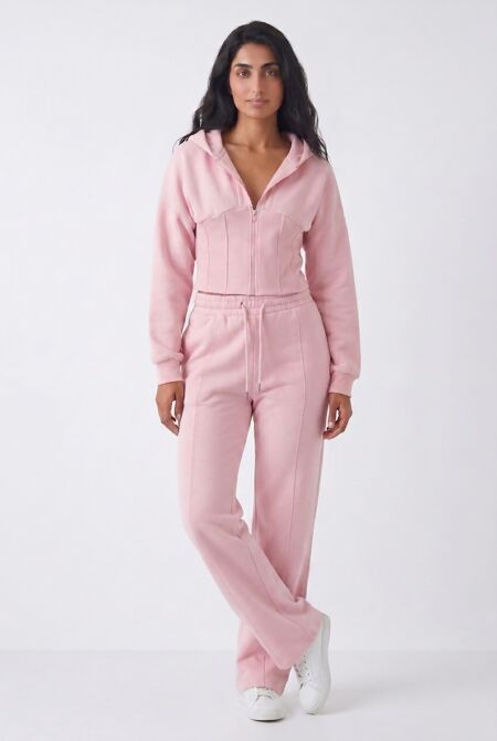 Pink Ribbed Corset Fit Hoodie With Straight Leg Trouser