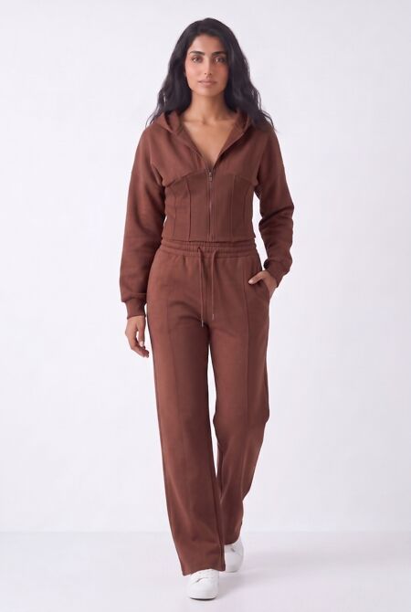 Brown Ribbed Corset Fit Hoodie With Straight Leg Trouser
