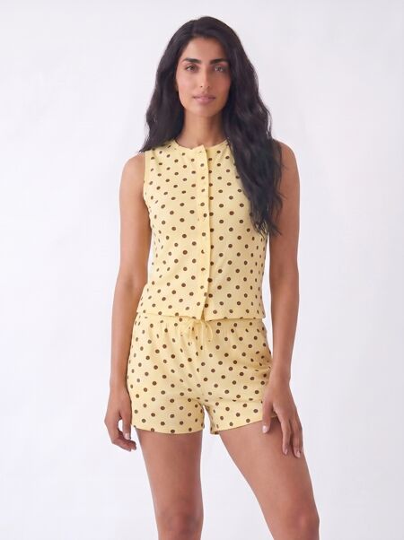 Butter yellow Sleeveless Polka Dot Buttoned Top And Shorts Set