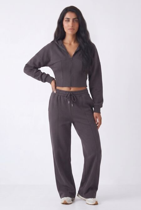 Slate Grey Ribbed Corset Fit Hoodie With Straight Leg Trouser