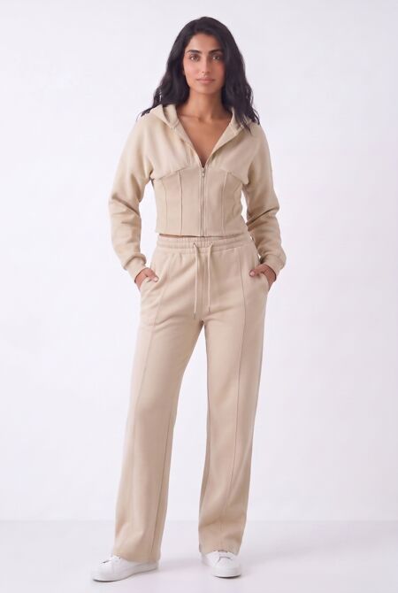 Oatmeal Ribbed Corset Fit Hoodie With Straight Leg Trouser