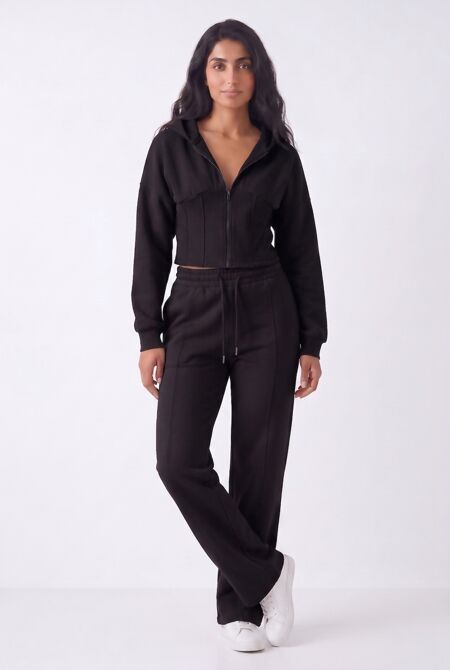 Black Ribbed Corset Fit Hoodie With Straight Leg Trouser