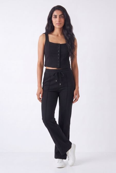 Black Interlock Molly Button Tank Top With Flare Trouser