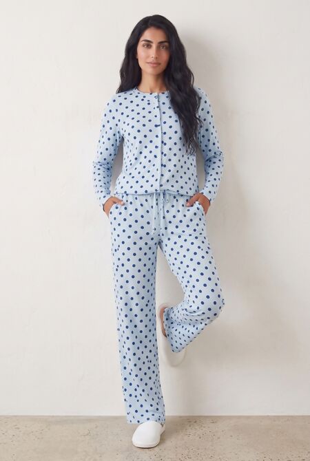 Blue Ribbed Polka Dot Molly Button Top And Wide Leg Trousers