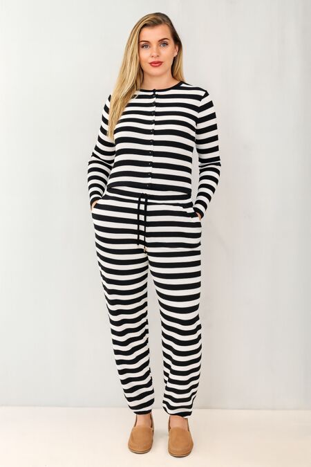 Black Contrast Striped Molly Button Top and Wide Leg Trousers