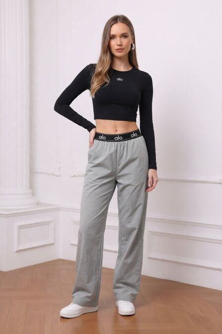 Grey Printed Wide Leg Elastic Waist Trousers