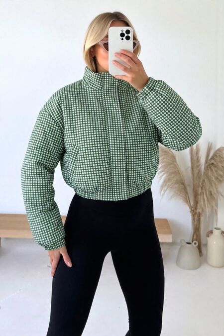 Green Zip Up Gingham High-Neck Cropped Jacket
