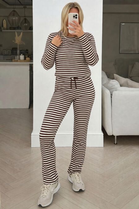 Chocolate and White Striped Long Sleeve Top and Wide Leg Trouser Co-Ord Set