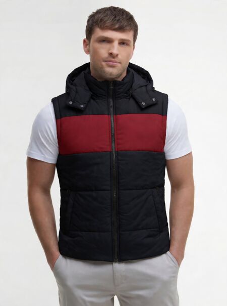 Black and Red Hooded Padded Puffer Gilet