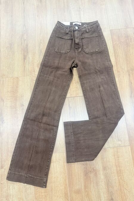 Brown High Waist Studded Utility Pocket Wide Leg Jeans