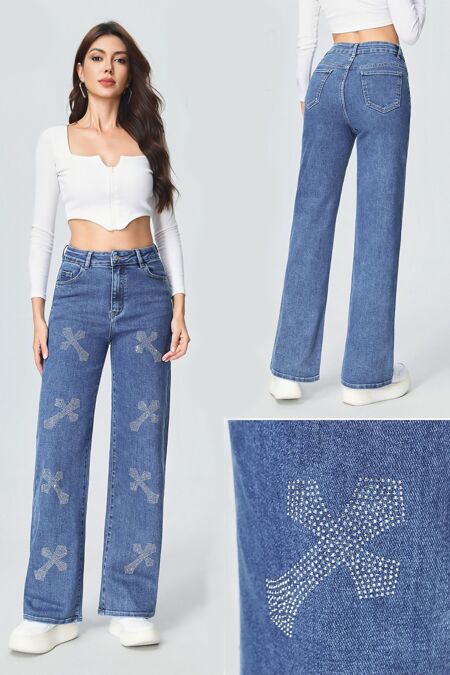 Blue Rhinestone Cross Wide Leg Denim Jeans