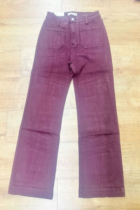 Burgundy High Waist Studded Utility Pocket Wide Leg Jeans