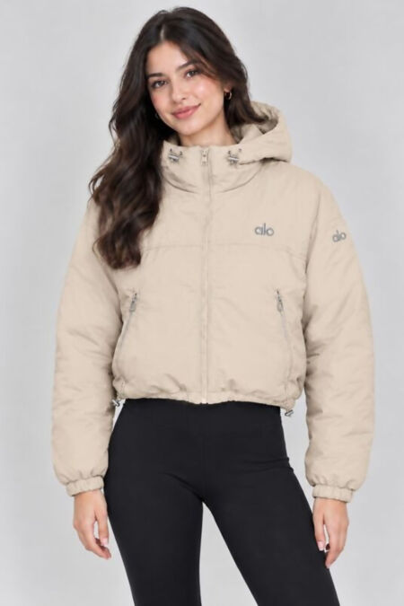 Beige Printed Cropped Utility Bomber Jacket