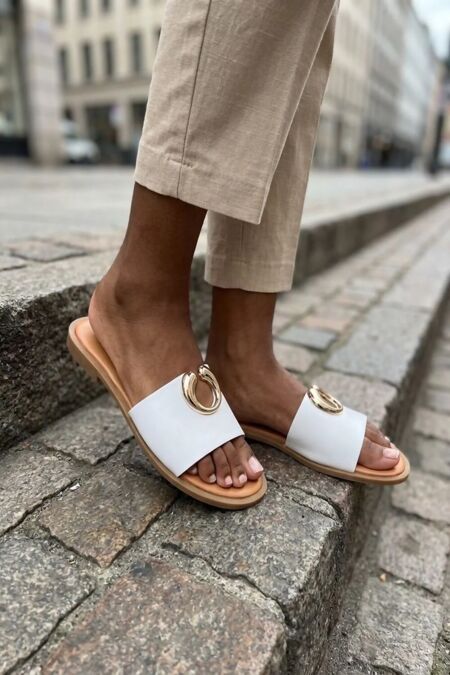 White Flat Slip On Mule Sandals With Metal Ring Accent