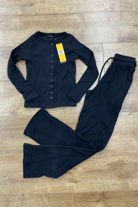 Black Kids Ribbed Molly Button Through Top and Wide Leg Trousers