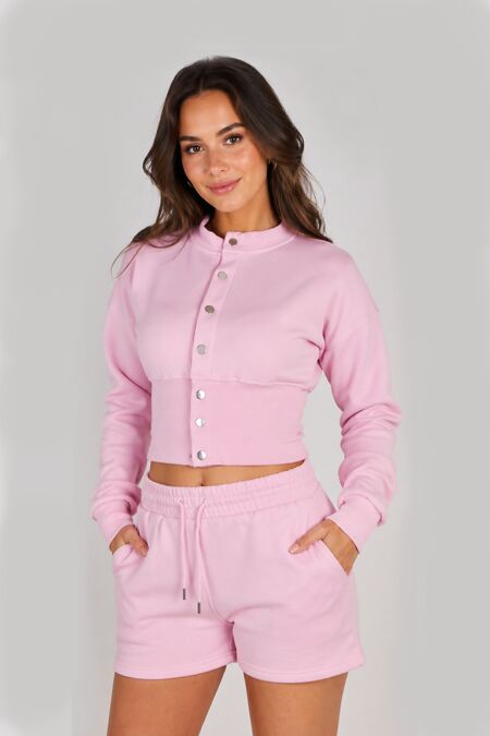 Pink Snap Buttons Corset Fit Sweatshirt With Short Co-Ord Set