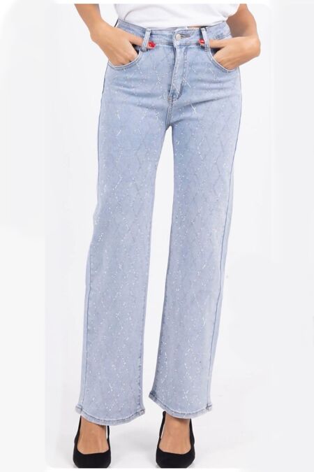 Blue High Waist Diamante Straight Leg Jeans