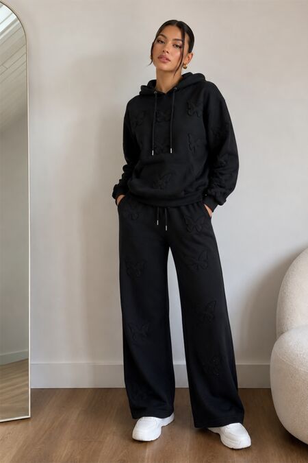 Black Butterfly Embossed Hoodie Straight Leg Jogger
