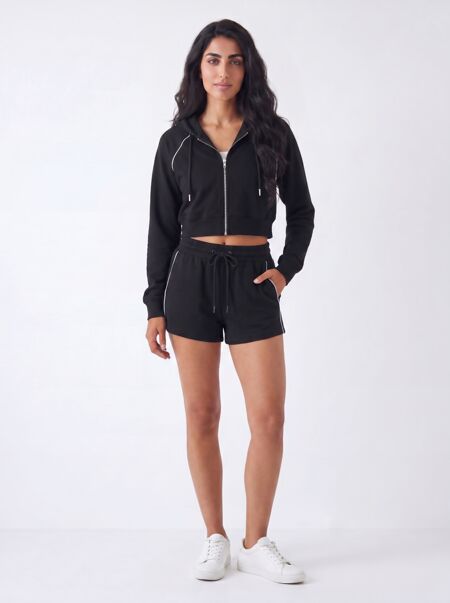 Black Contrast Piping Zip Up Hoodie With Short Set