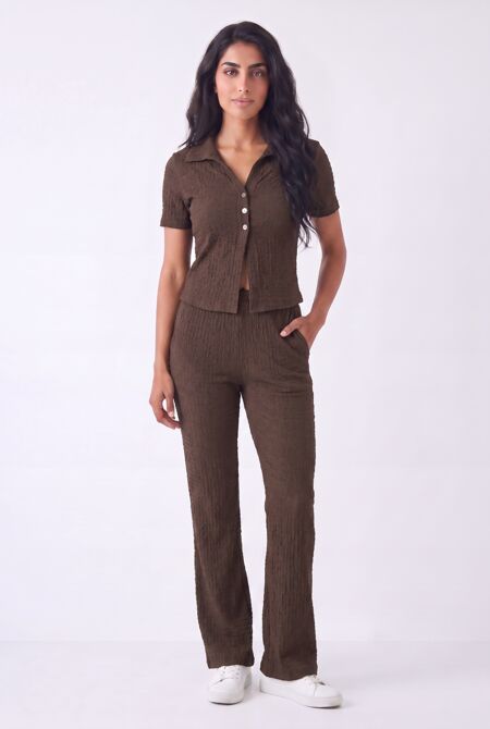 Cheesecloth Crinkle Texture Button Front Shirt With Wide Leg Pant