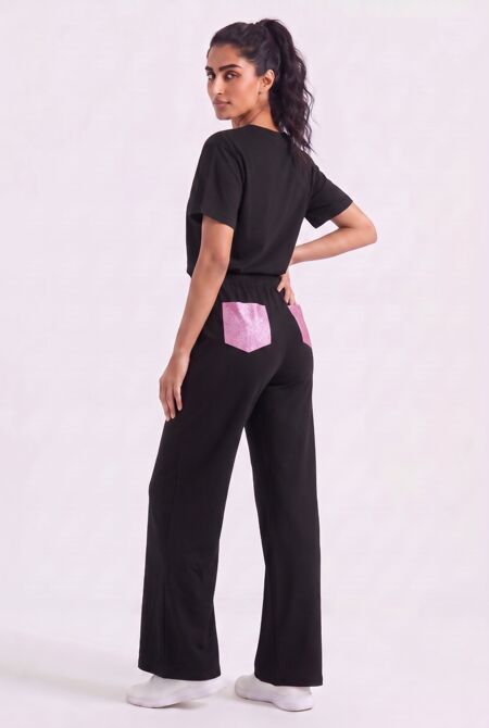 Short Sleeve Pink Glitter Pocket Design T-Shirt With Trouser