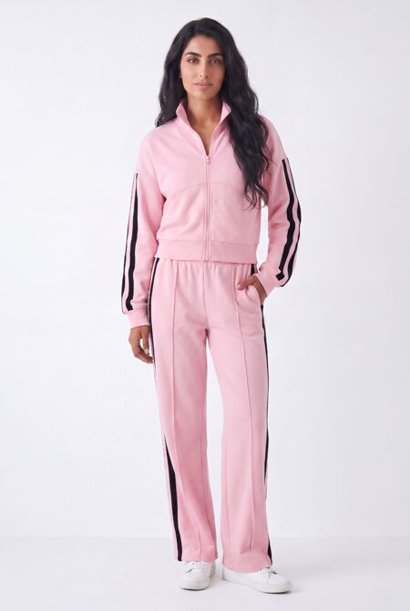 Pink Interlock 2 Stripe Sweatshirt With Wide Leg Trouser