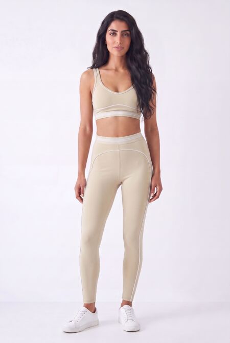 Beige Striped Band Gym Crop Top And Legging Set