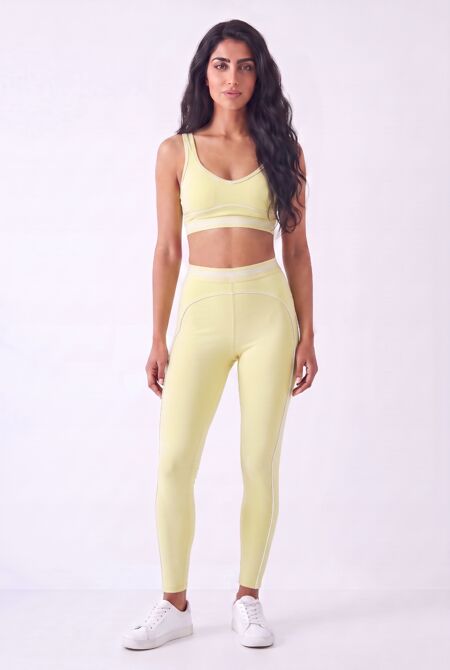 Yellow Striped Band Gym Crop Top And Legging Set
