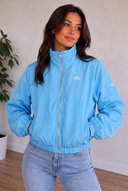 Blue Balloon Sleeve Printed Lined Zip Windbreaker Jacket