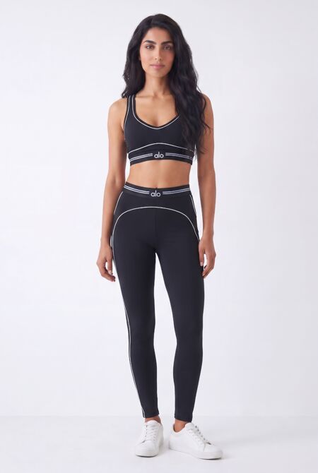 Black Striped Printed Band Gym Crop Top And Legging Set