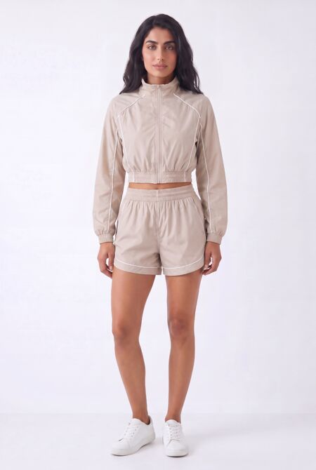 Beige Cropped Zip-Up Track Jacket And Running Shorts