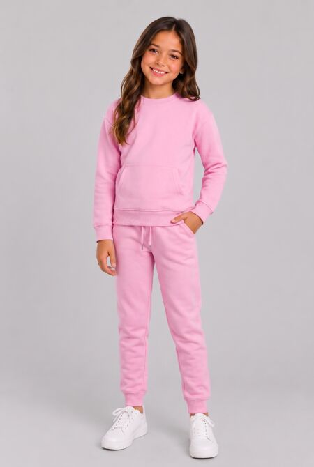 Pink Kids Round Neck Sweatshirt With Bottom Tracksuits