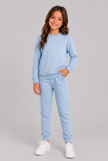 Sky Blue Kids Round Neck Sweatshirt With Bottom Tracksuits