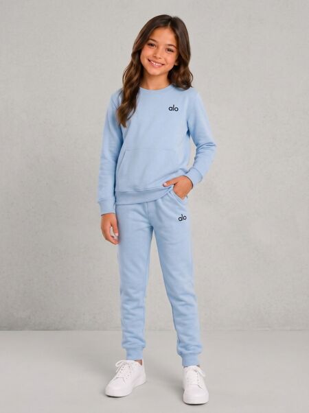 Sky Blue Kids Printed Round Neck Sweatshirt With Bottom Tracksuits