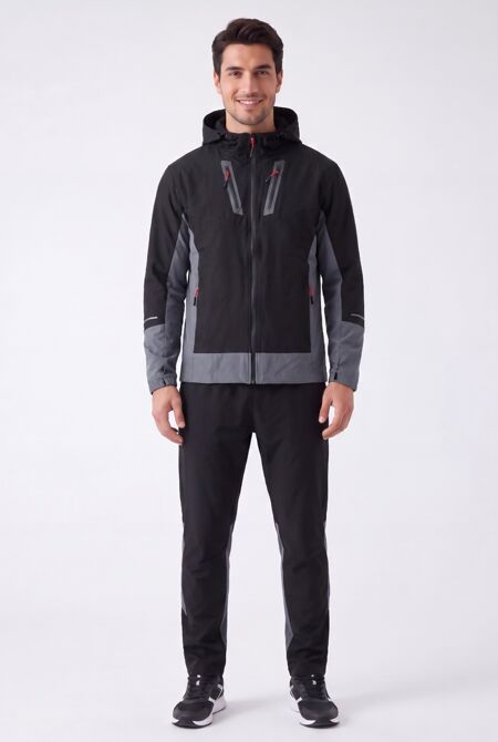 Black With Slate Grey Color block Windbreaker Hooded Jacket & Jogger