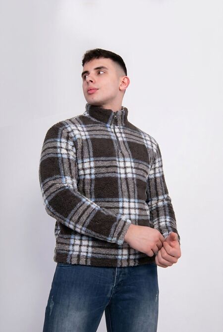 Chocolate Quarter Zip Chequered Borg Fleece