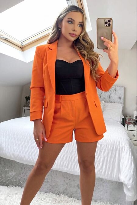 Orange Ruched Sleeve Blazer With Short