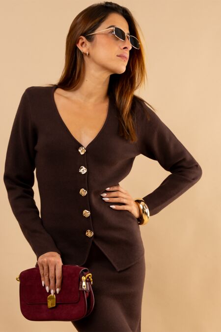 Chocolate Rose Gold Button Up V-Neck Cardigans