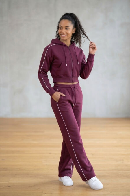Wine Hooded Zip-Up & Stripe Detail Jogger Tracksuit Set