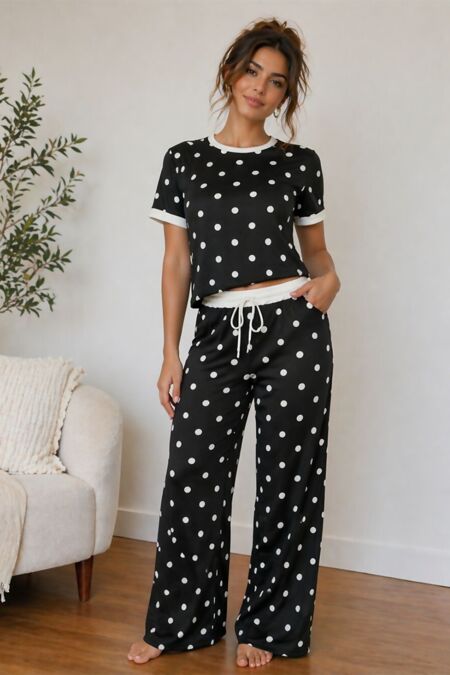 Contrast Waistband Polka Dot Trouser And Crop Top Co-Ord Set