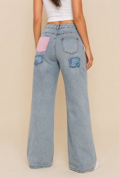 Light Blue Distressed Denim With Rhinestone Back Pocket Jean