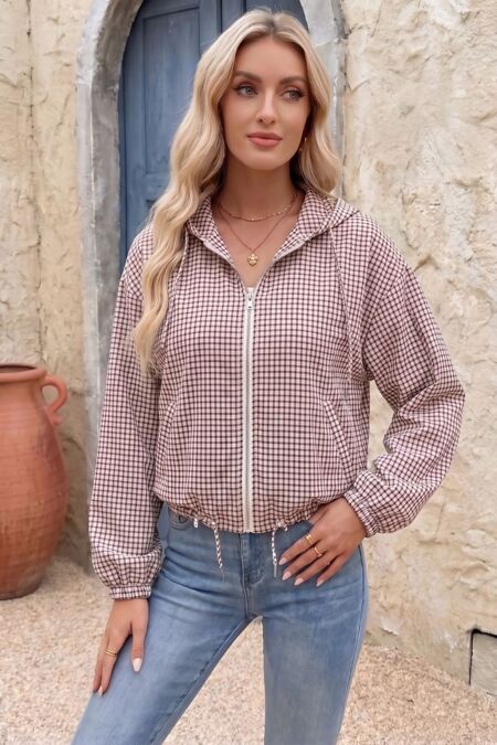 Wine Gingham Check Hooded Zip-Up Cropped Jacket