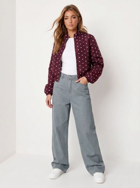 Wine Polka Dot Bubble Hem Zip Windbreaker Jacket